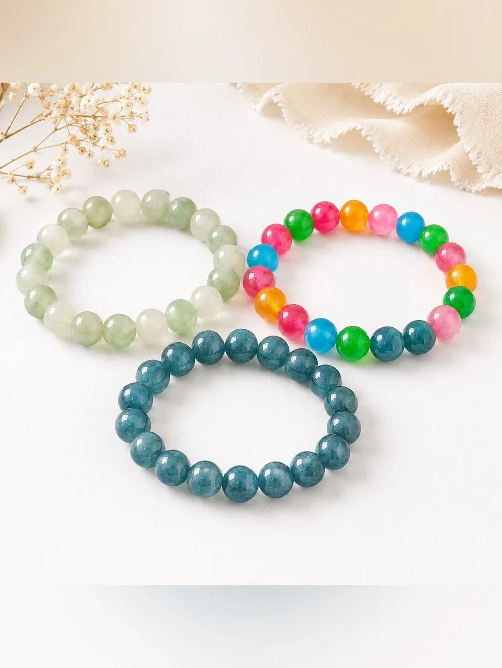 Jade/Jadite, Apatitie/Quartz, & Chalcedony Gemstone Beaded Stretch Bracelet Trio